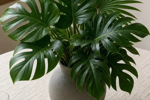 A high-angle view of a tropical centerpiece with large monstera leaves, fan palm fronds, and philodendron in a ceramic bowl on a reception table