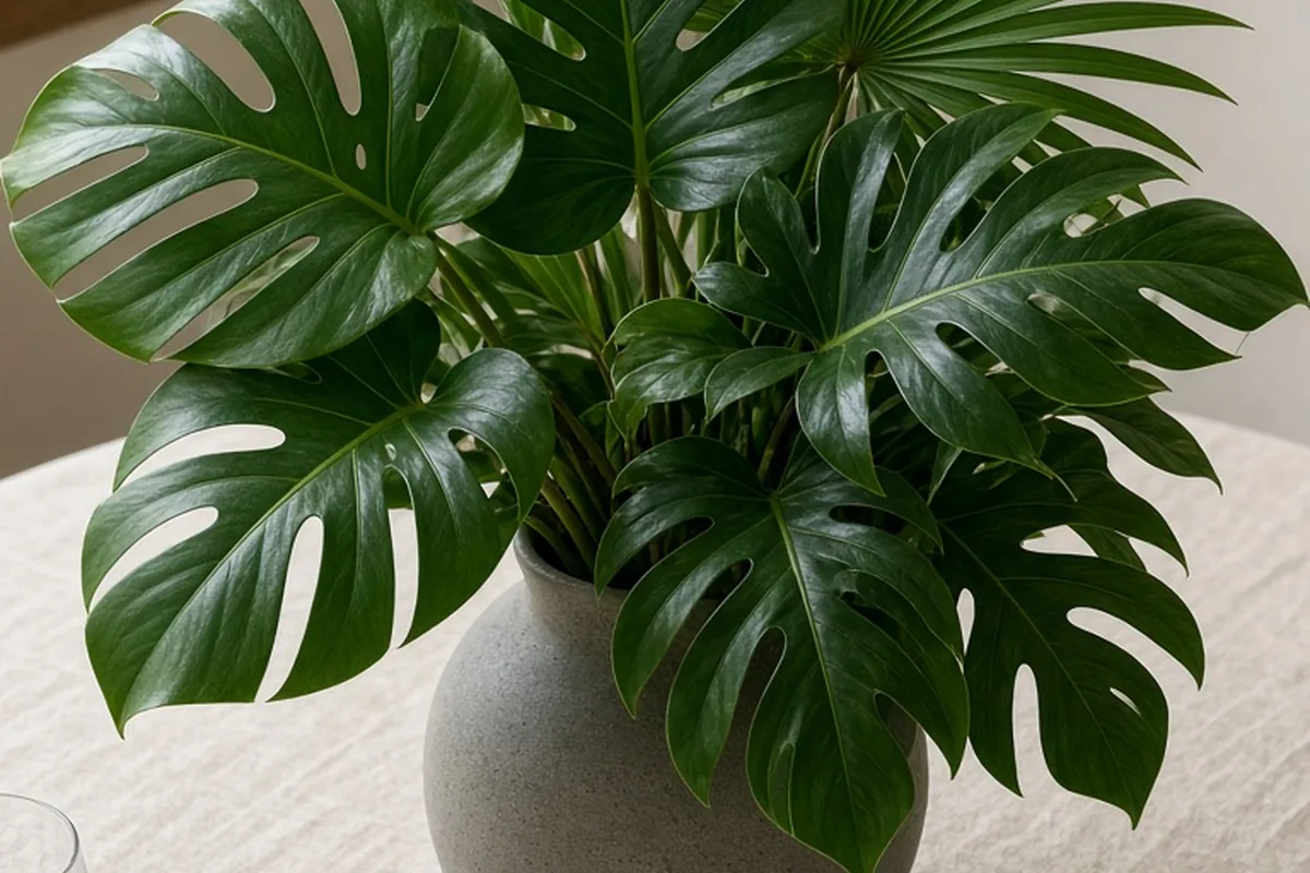 A high-angle view of a tropical centerpiece with large monstera leaves, fan palm fronds, and philodendron in a ceramic bowl on a reception table