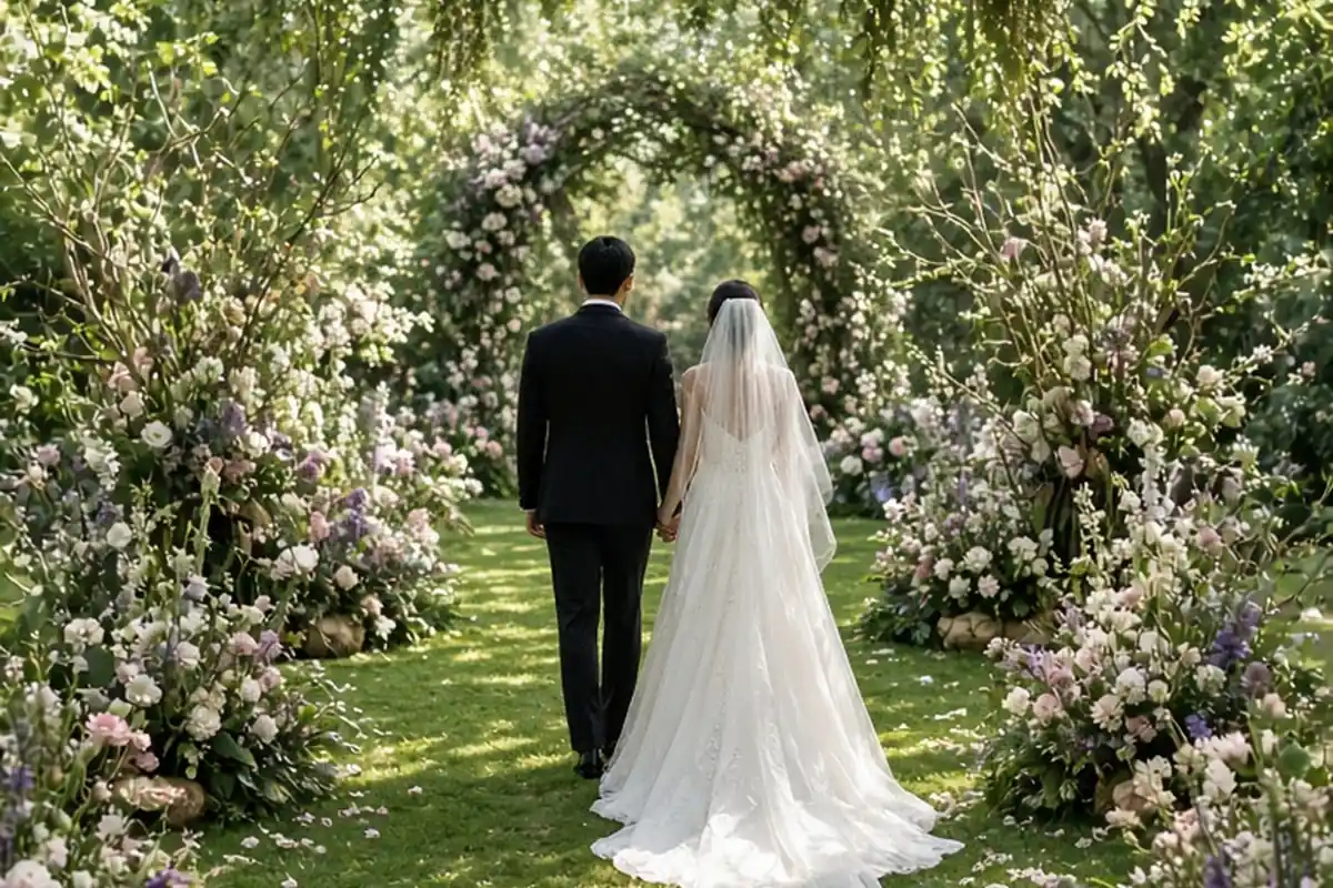 Bride and groom walking down a wedding aisle decorated with grounded floral meadows in an outdoor garden setting