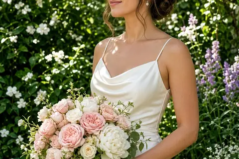 A bride in a flowing white wedding gown holding a bouquet at her hip level in a lush garden, bouquet face visible to the camera.