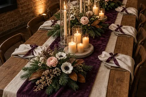 A long wooden table in a historic hall set with clusters of pillar and taper candles in glass chimneys, surrounded by blue spruce and magnolia winter floral arrangements on a deep plum velvet runner.