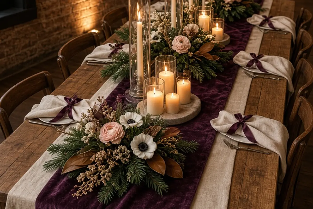 A long wooden table in a historic hall set with clusters of pillar and taper candles in glass chimneys, surrounded by blue spruce and magnolia winter floral arrangements on a deep plum velvet runner.