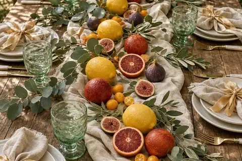 Long wooden table arranged with whole lemons, blood oranges, kumquats, figs, eucalyptus, and olive branches in a shaded courtyard setting for a summer wedding theme