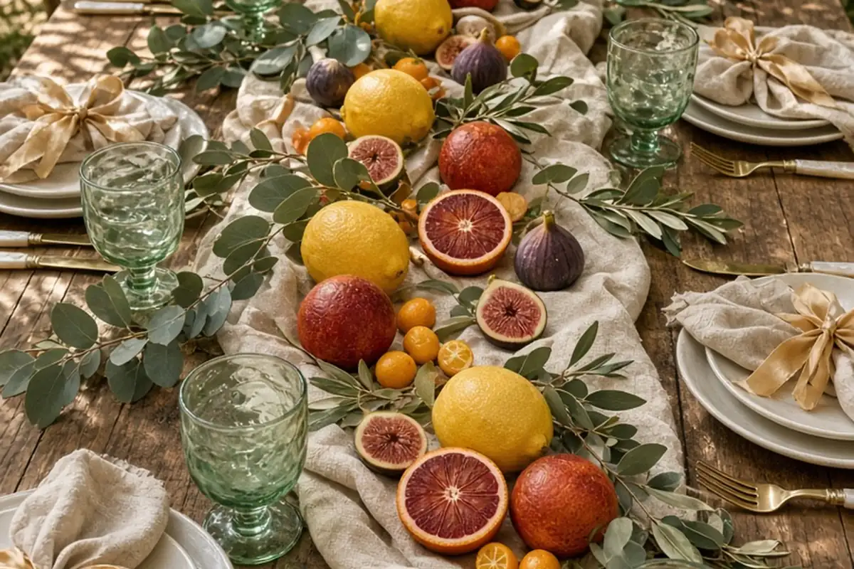 Long wooden table arranged with whole lemons, blood oranges, kumquats, figs, eucalyptus, and olive branches in a shaded courtyard setting for a summer wedding theme