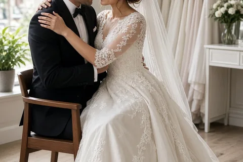 A bride in her wedding gown hugging her partner while seated in the fitting room