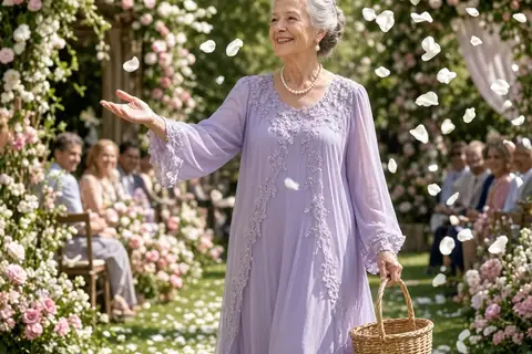 An elderly woman in a lavender dress walking down a decorated aisle at a wedding, tossing white flower petals from her hands with a gentle smile