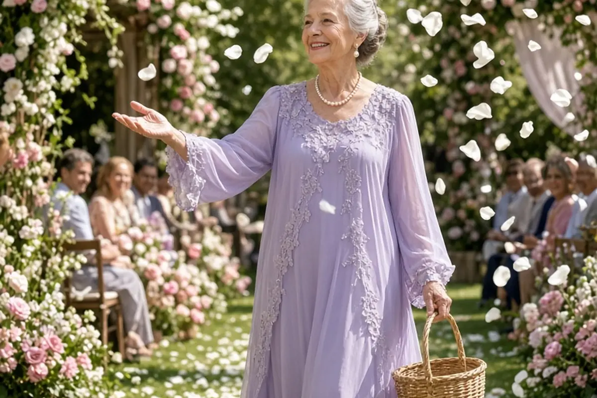 An elderly woman in a lavender dress walking down a decorated aisle at a wedding, tossing white flower petals from her hands with a gentle smile