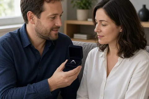 A man in his 30s holding an open jewelry box with a promise ring presenting it to a woman in her 30s while sitting on a couch in a living room