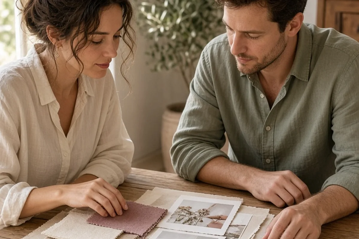 A wedding couple at a table arranging fabric swatches and photos to create a wedding theme mood board