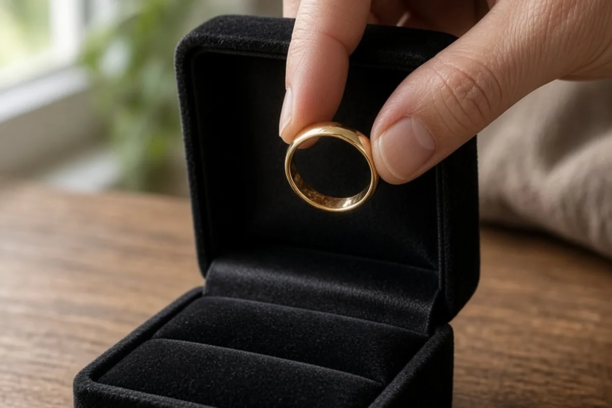 A hand placing a gold wedding ring into an open black velvet box on a wooden table
