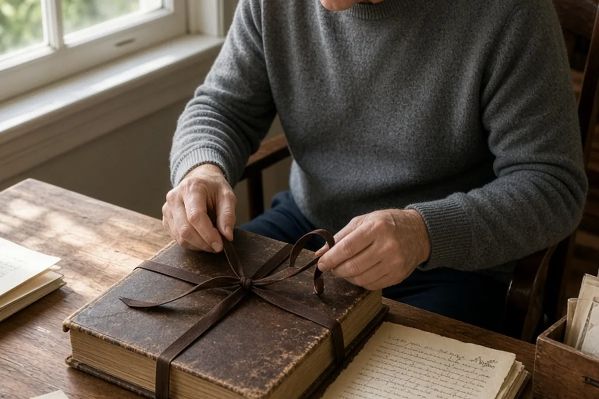 A clearly adult man in his early sixties with neatly combed salt-and-pepper hair wearing a simple gray sweater and dark trousers carefully binding a thick leather-bound book filled with handwritten fa