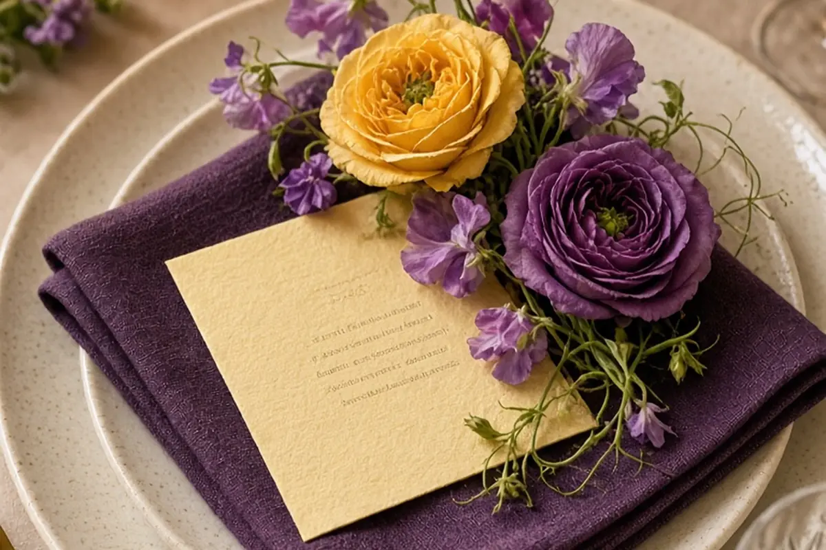 Close-up of a wedding place setting with ivory charger, plum napkin, butter-yellow menu card with unreadable text, and purple yellow floral accents on a table.