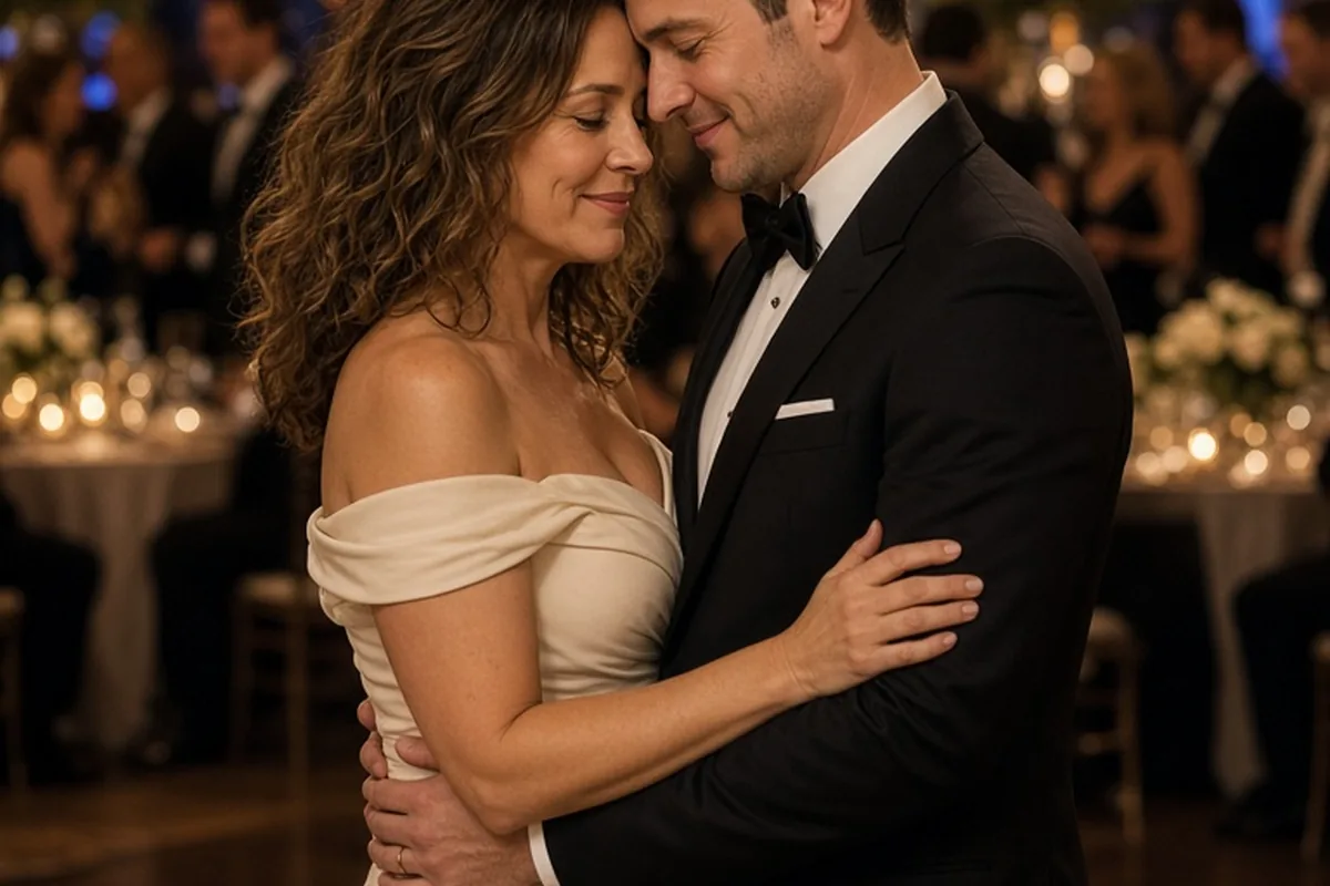 A mother in a cream gown and her son in a tuxedo slow dancing on a wedding reception dance floor