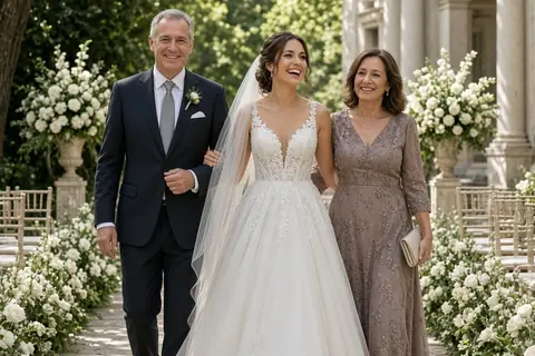 Bride walking down the aisle with both parents on either side smiling happily at a wedding ceremony