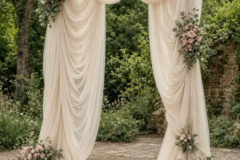 A wedding arch draped in soft tulle with cascading swags and puddle folds in an outdoor venue with greenery