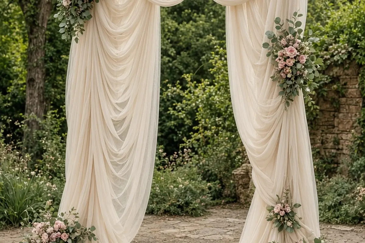 A wedding arch draped in soft tulle with cascading swags and puddle folds in an outdoor venue with greenery