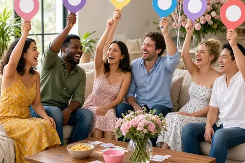 Group of friends raising colorful paddles in unison to guess who said a quote during bachelorette party game