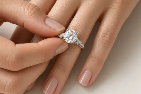 Close-up of an adult hand with manicured nails testing a diamond ring mounting on a finger in natural daylight, loose diamond nearby
