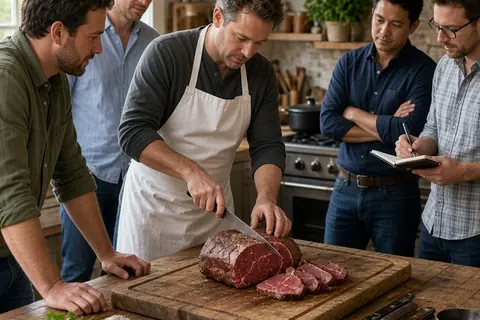 A private chef demonstrating butchery techniques to a group of adult men gathered around a wooden cutting board in a rustic farmhouse kitchen