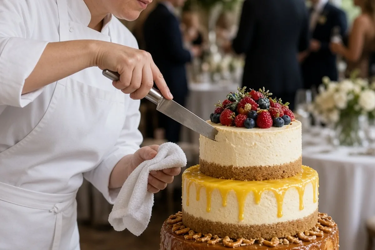 Catering staff member slicing a multi-tiered cheesecake wedding cake at a reception with hot water dipped knife