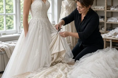 Bride in wedding gown at tailor having skirt detached for repurposing into cocktail dress and baptismal blanket