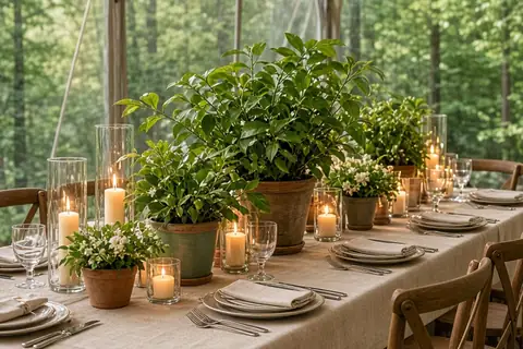 long wooden table set in outdoor wedding tent with potted greenery, pillar candles, and minimal floral accents