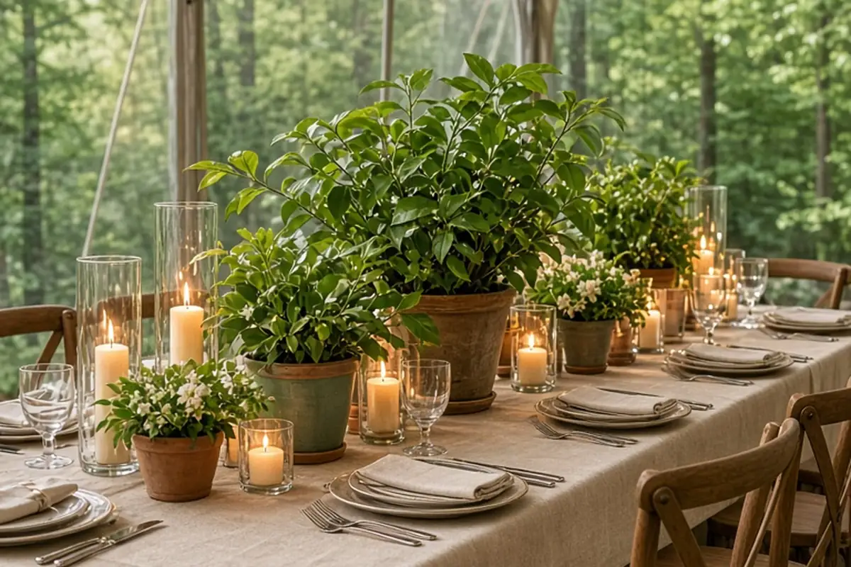 long wooden table set in outdoor wedding tent with potted greenery, pillar candles, and minimal floral accents