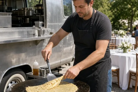 dessert food truck with chef cooking crepes on a griddle at a wedding reception