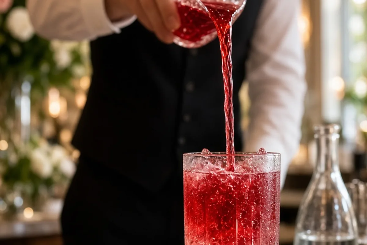 A bartender's hands pouring a ruby red cocktail into a glass at a wedding reception bar