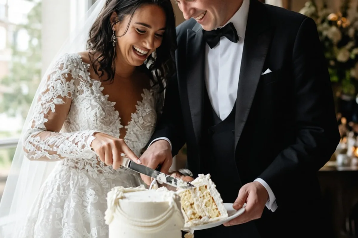 A smiling bride in a white lace wedding dress and groom in a black tuxedo cutting a multi-tiered wedding cake with a slice falling to the table and frosting on their fingers