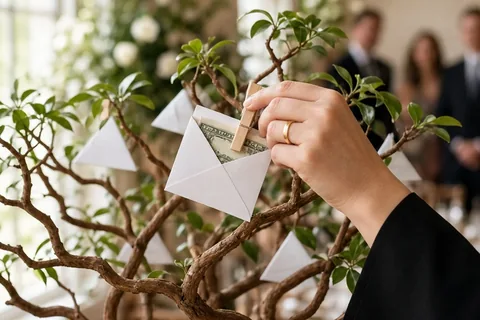 A close-up of a hand clipping a folded envelope to a branch of a sculpted money tree at a wedding reception.