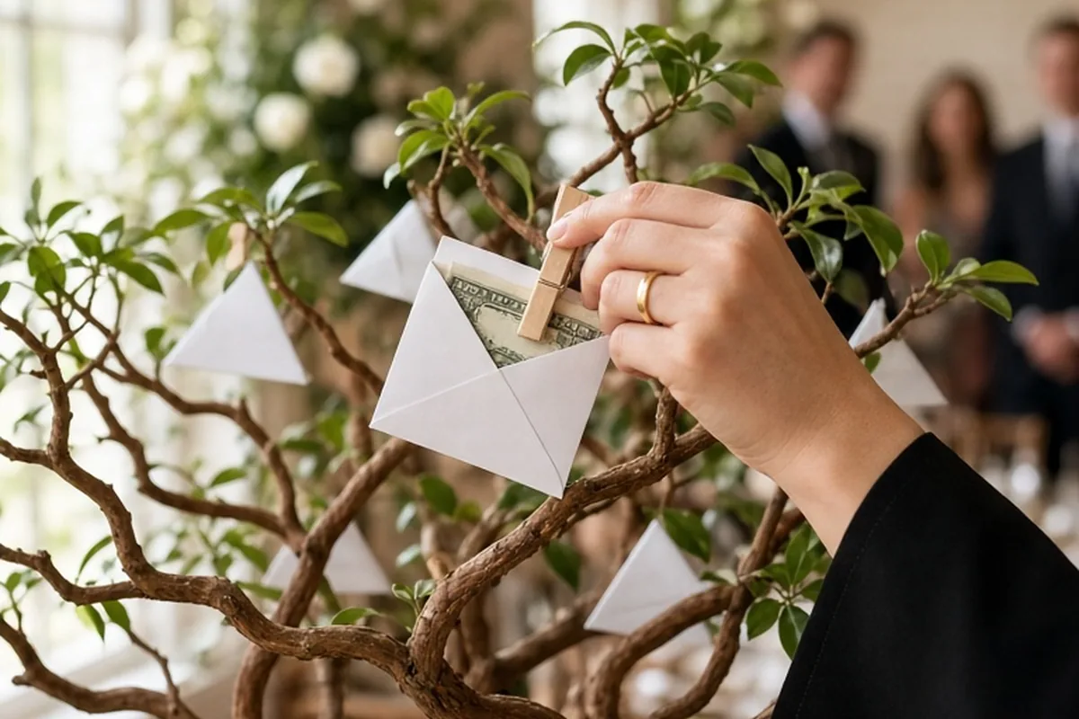 A close-up of a hand clipping a folded envelope to a branch of a sculpted money tree at a wedding reception.