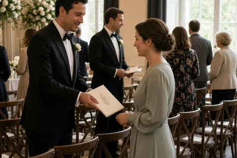 Ushers in formal attire seating arriving guests to their family seats while distributing programs at a wedding ceremony