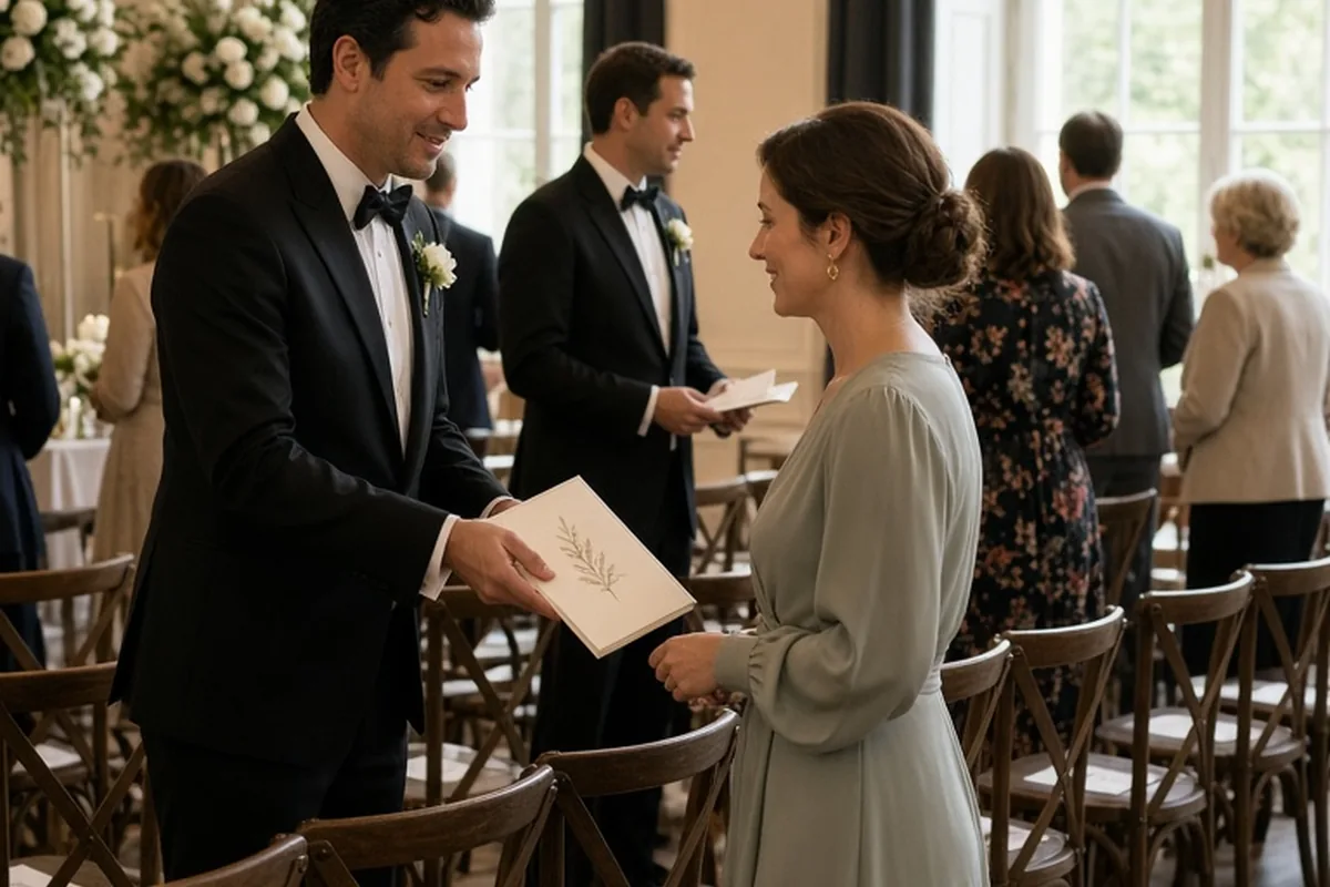 Ushers in formal attire seating arriving guests to their family seats while distributing programs at a wedding ceremony
