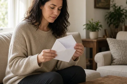 A woman in her thirties with wavy dark hair opening a white wedding invitation envelope at a wooden coffee table in a living room