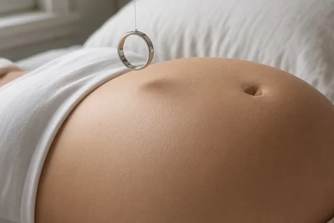 A silver wedding ring suspended by a thread above a pregnant woman's bare belly on a bed