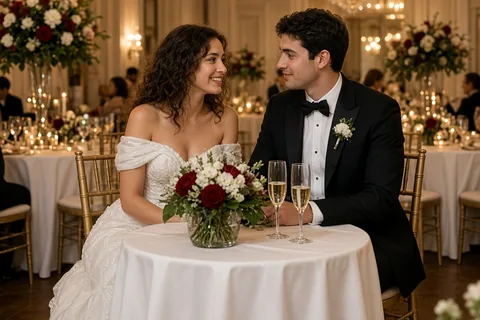 Bride and groom sitting at a sweetheart table in a wedding reception hall
