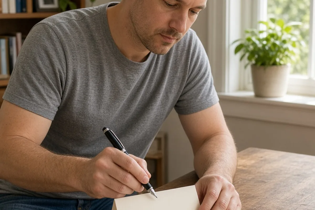 A man in his mid-thirties with short brown hair sitting at a desk writing on a folded card with a fountain pen in a home office