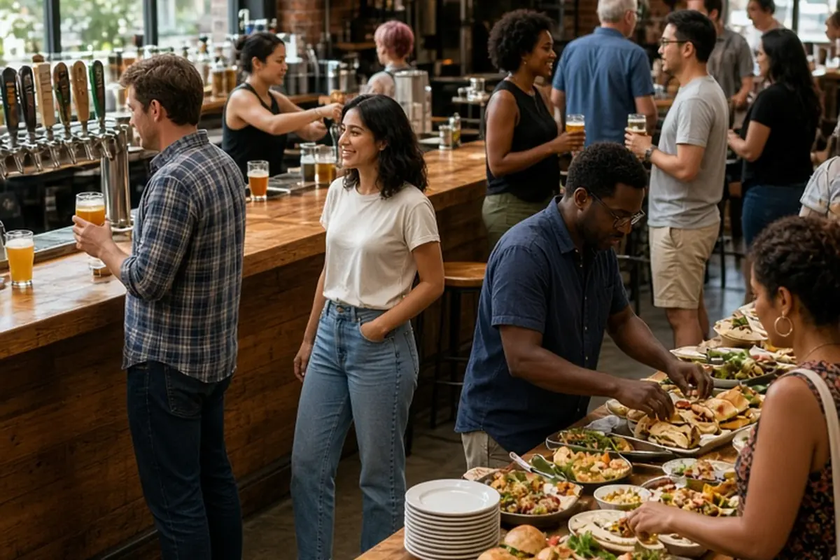 A diverse group of adults casually standing in a craft brewery taproom while holding glasses of beer and assembling sliders and tacos at food stations