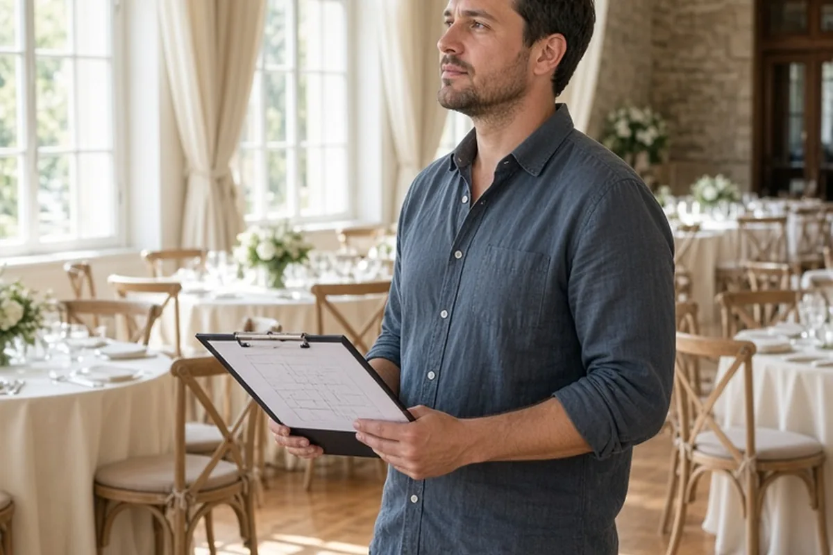 A man in his thirties with short brown hair wearing a casual button-up shirt standing in an empty elegant banquet hall examining the layout of the reception space with tables and chairs
