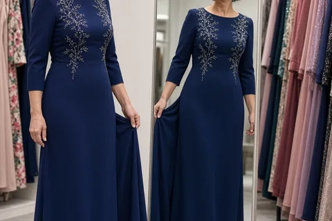 Mother of the groom in her 50s wearing navy blue dress holding gown hem and looking in mirror in boutique fitting room