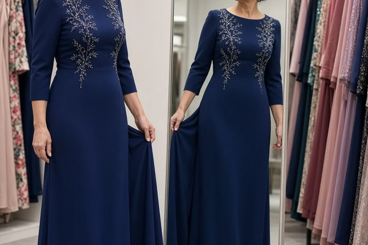 Mother of the groom in her 50s wearing navy blue dress holding gown hem and looking in mirror in boutique fitting room