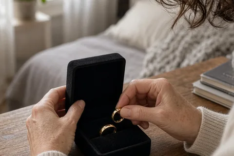 A close-up of a woman's hands placing two wedding rings into an open velvet jewelry box on a wooden table