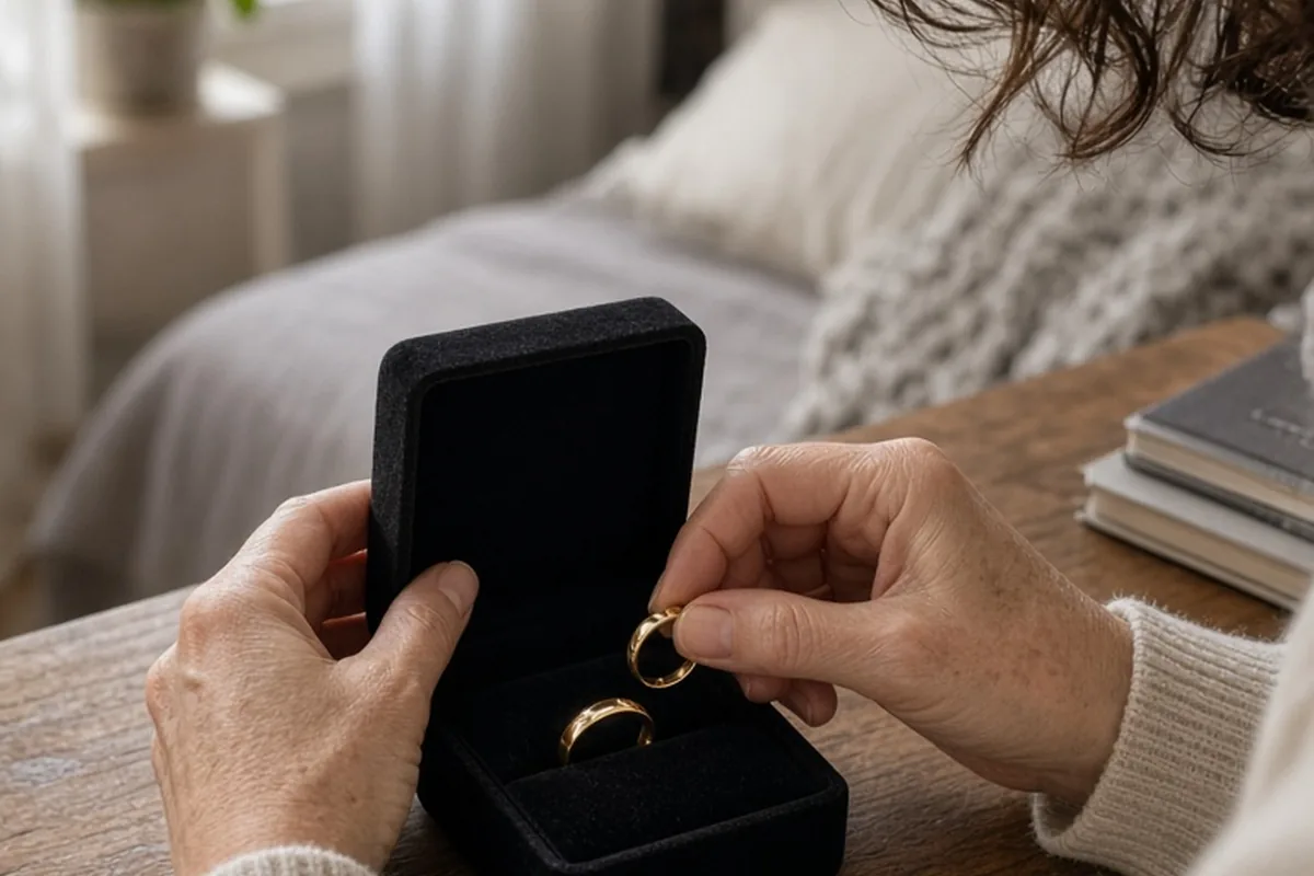 A close-up of a woman's hands placing two wedding rings into an open velvet jewelry box on a wooden table