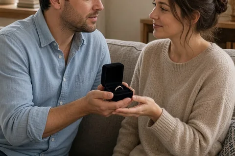 A man handing a small black velvet promise ring box to a woman sitting beside him on a couch in a living room