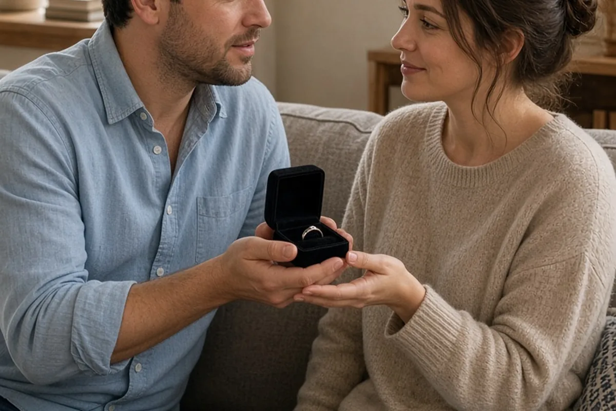 A man handing a small black velvet promise ring box to a woman sitting beside him on a couch in a living room