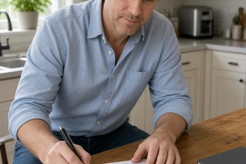 Father in casual shirt at kitchen table reviewing weekly schedule planner with a pen