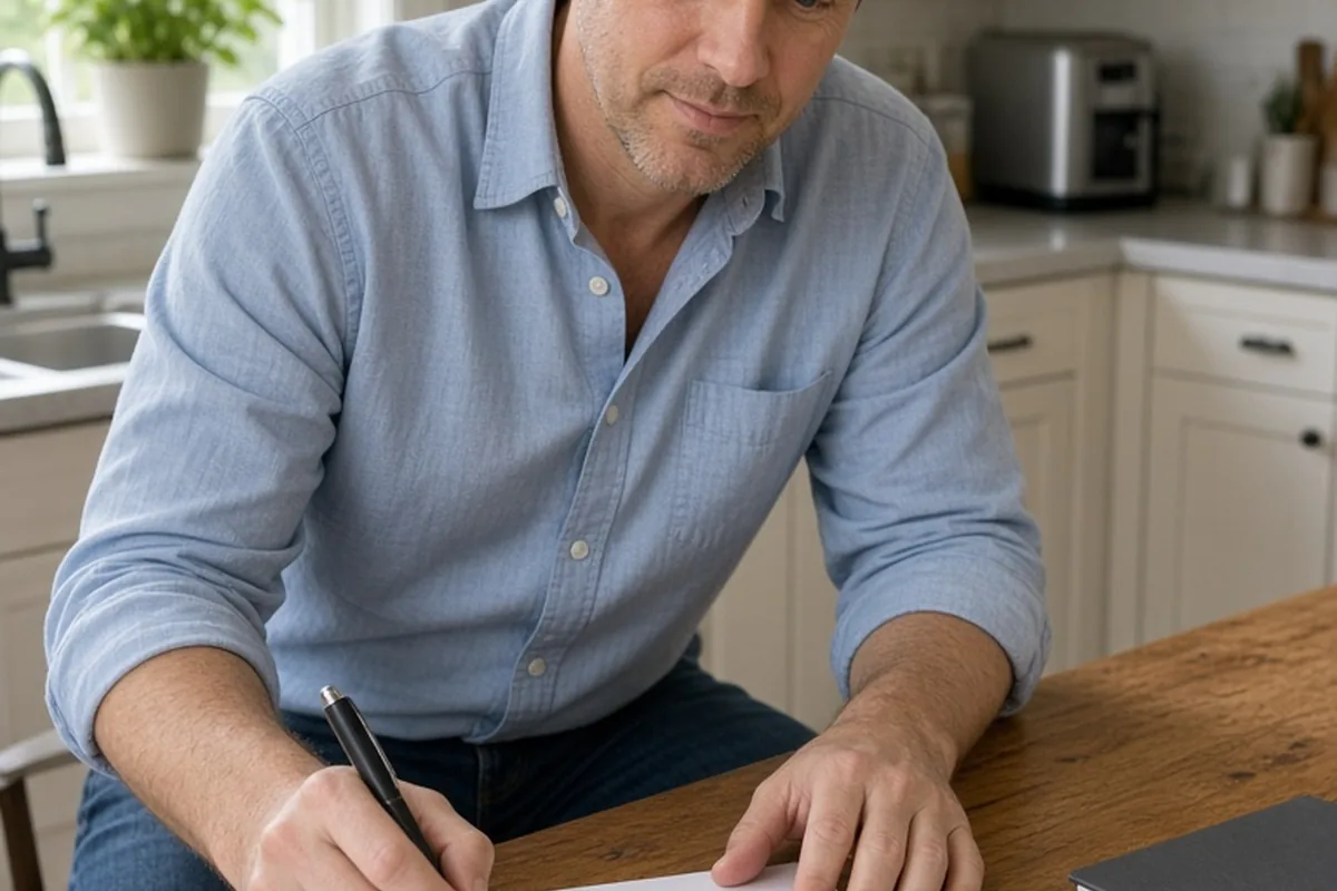 Father in casual shirt at kitchen table reviewing weekly schedule planner with a pen
