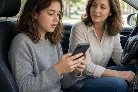 A teenage girl holds her smartphone in a car while her mother sits beside her during their conversation
