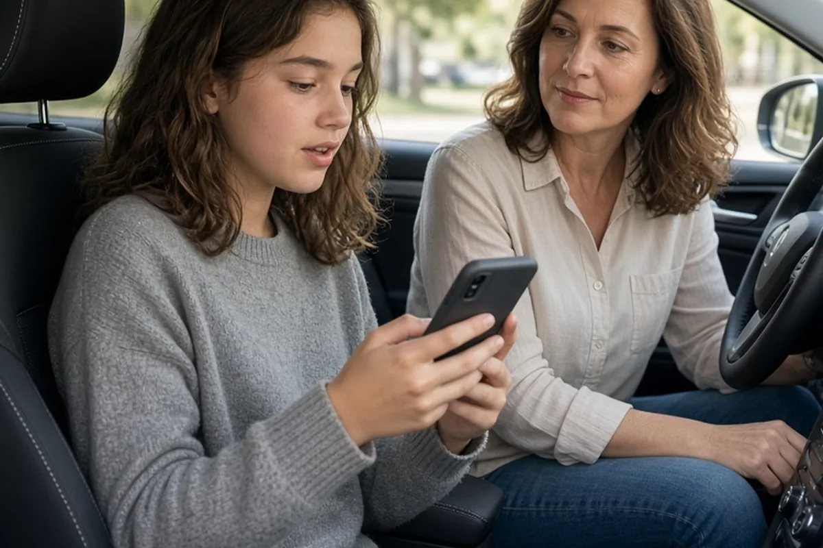 A teenage girl holds her smartphone in a car while her mother sits beside her during their conversation